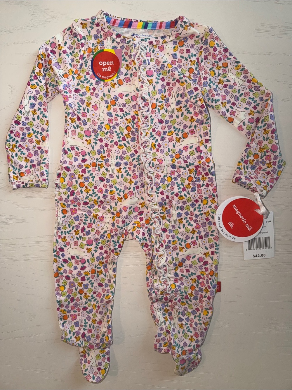 Magnetic Me Bunny Blossom Floral Ruffle Footie 0-3 3-6 6-9 months